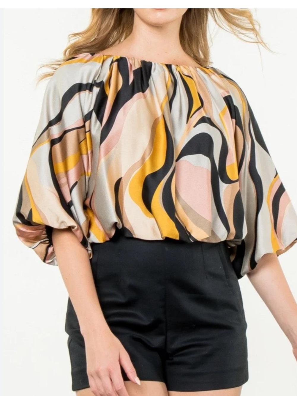 THML Black, Mustard & Blush Wave-Print Sleeveless Top